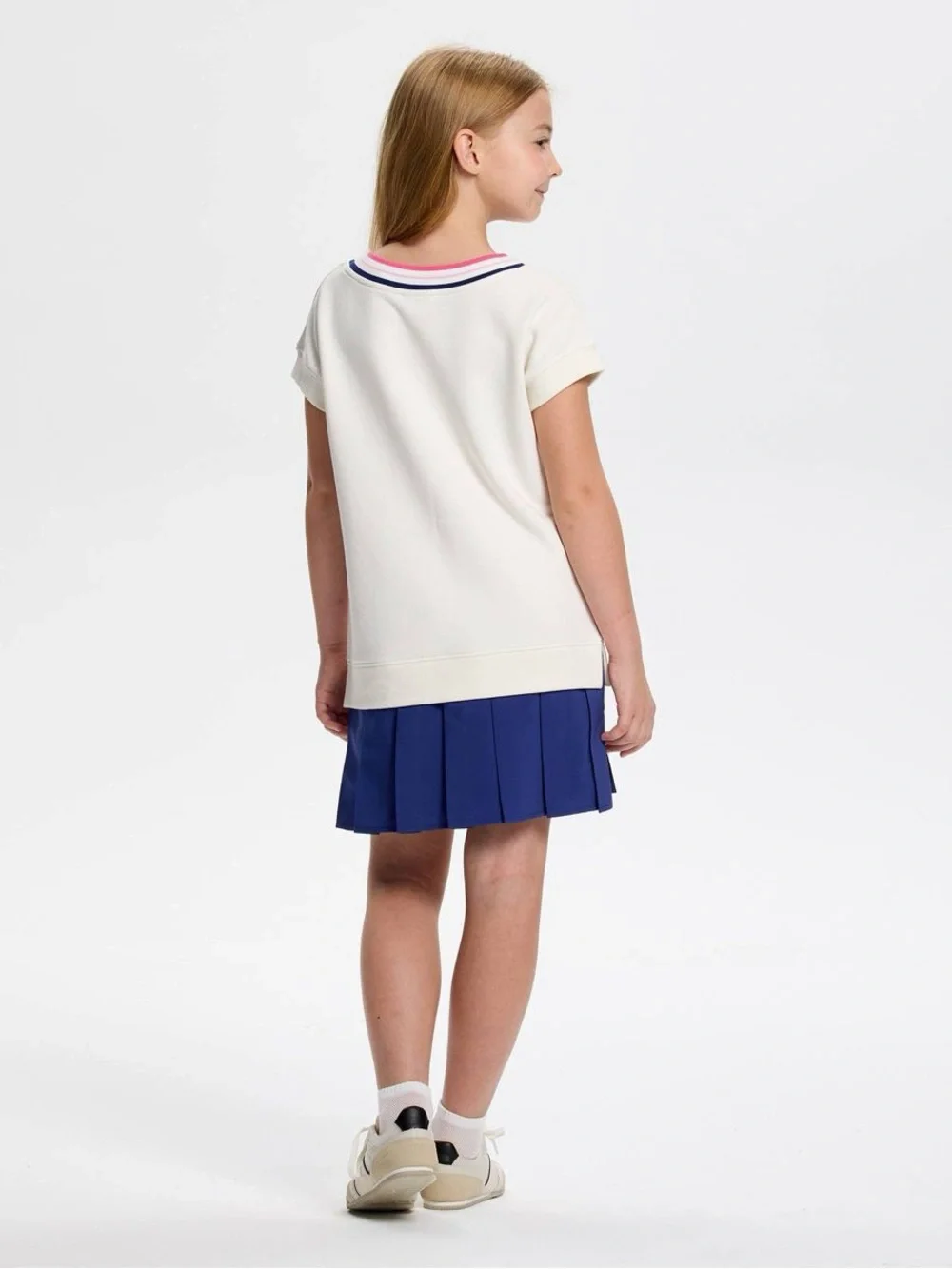 Girls' White V-Neck Casual Dress with Navy Skirt and Pink Trim